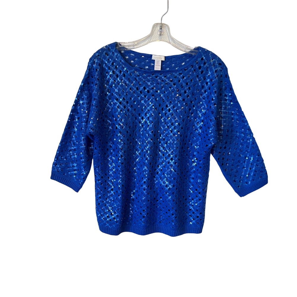 Chicos Sequin Open Knit Sweater 3/4 Sleeve Size 1 Medium Cobalt Blue